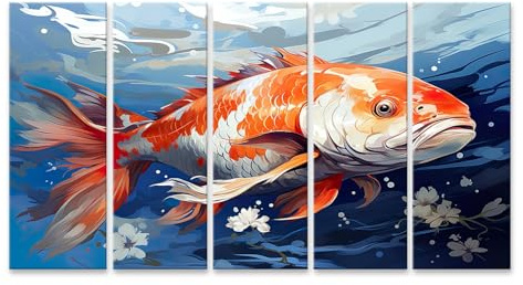 islandburner Prime Quadro su tela Colorato Koi Pesce in acqua blu con fiori bianchi