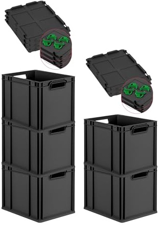 PROREGAL SparSet 5x Eurobox NextGen Grip mit Auflagedeckel & 4 grünen Schiebeschnappverschlüssen, HxBxT 32x30x40cm, 30L, Schwarz, Griffe offen, Eurobehälter, Transportbox, Transportbehälter