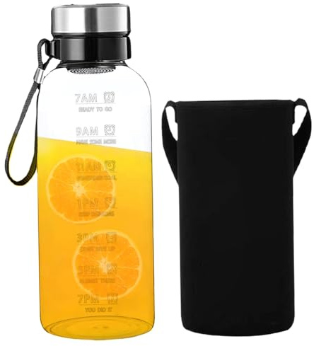 Botella de agua con marcador de tiempo, botellas de agua de vidrio de borosilicato transparente de 2 litros con cordón, funda y filtro extraíble, a prueba de fugas, apta para lavavajillas, para el