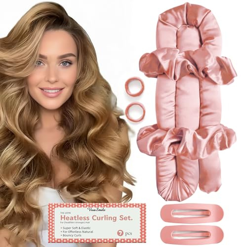 Heatless Curlers Set - VivaSmile Heatless Hair Curler to Sleep in, No Heat Satin Heatless Curls Overnight Rods Curling for Long Short Hair Volume Women Styling Tools Pink
