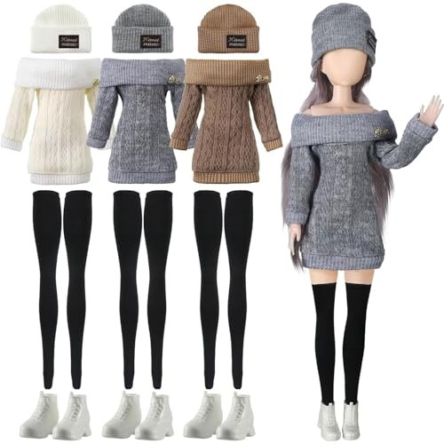 Muorruo Set da 3 Pezzi, 12 Elementi Abbigliamento e Accessori per Bambole, Abito, Pantaloni, Scarpe, Maglione, Outfit, Bambole Non Incluse, per Bambini, Regali di Natale, 30 cm