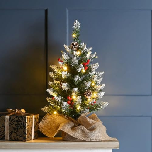 Marco Paul Pre-Lit Table Top Christmas Tree 60cm - Small Artificial Frosted Xmas Tree with Multi-coloured and Warm White Lights - Battery Operated Christmas Tree with Pine Cones and Berries