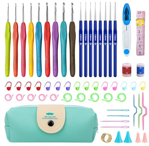 Uncinetto Set 58 Pezzi, Uncinetti in Alluminio con Ergonomico Manico Morbido in Gomma Colorata, 17 Misure 0.6mm-6.0mm, Kit Uncinetto Completo con Custodia Portatile, per Principianti, Adulti