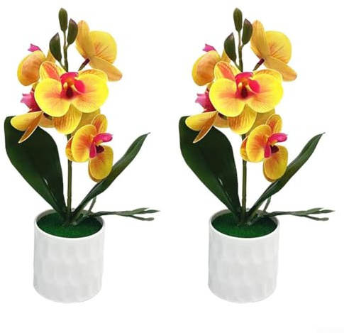 Sei orchidee Phalaenopsis finte in vaso dall'aspetto realistico adatte per la decorazione in ufficio, casa o per spazi per eventi (giallo)