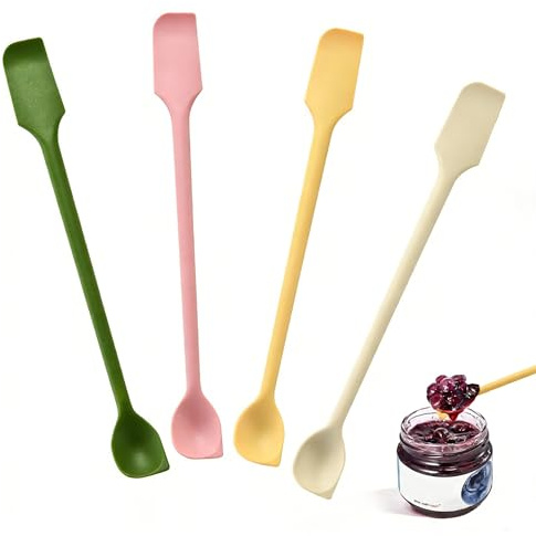 4 Stück Mini Silikon Spatel Set - 26cm Doppelseitig Kleiner Küchenschaber - Multifunktional Teigschaber - Wiederverwendbare Mini Silikonspatel für Schmale Flasche, Marmelade & Cremes (4 Farben)