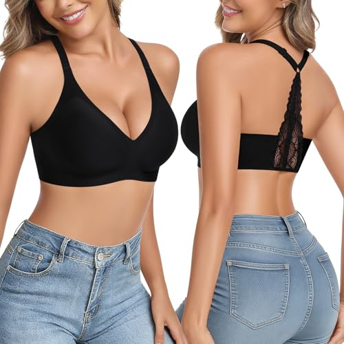 Wiepux Halter bygellös bh dam, justerbar spets Y-rem mjuk bekväm vadderad bralette push up v-ringning sömlösa underkläder, Svart, L