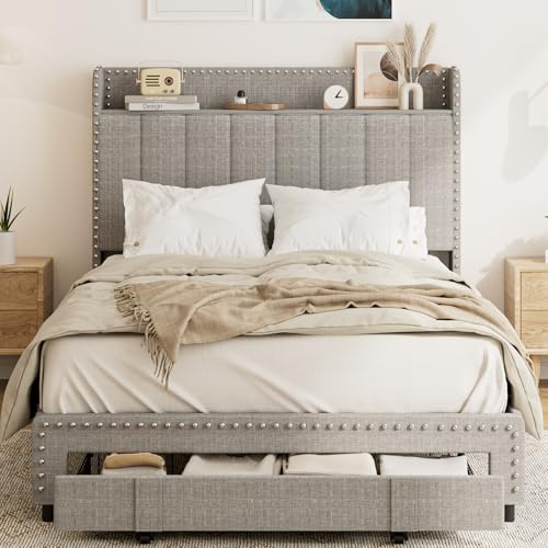 Klippehop 4ft6 Double Upholstered Bed Frame with Storage Headboard and Large Drawer, Riveted Storage Bed Frame, Linen Platform Bed Frame (Grey, 135cm x 190cm)
