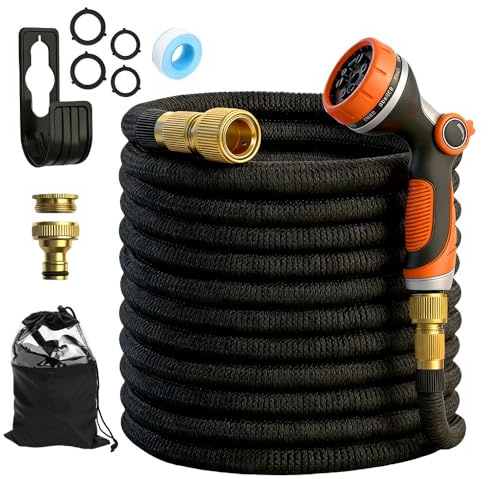 Weciau Flexibler Gartenschlauch 15m, Gartenschlauch Flexibel mit 10-Funktionen Schlauchdüse, Dehnbar Wasserschlauch mit Vollmessing Adapter 1/2' 3/4' Zoll, für Garten & Außenbereich, Schwarz