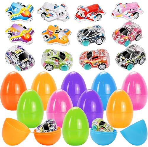 CWENDANER Automóviles para niños 12 Coches de Carreras y 12 Huevos de Pascua Coloridos, Regalos para Invitados y Relleno de piñata para cumpleaños Infantiles, Regalos de Pascua
