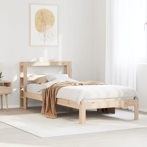 sephironlbb Massives Kiefernholz Bettgestell mit Kopfteil, 75x190 cm Einzelbettrahmen, Freistehendes Holzbett mit Ablagen, Rustikales Design für Schlafzimmer, ohne Matratze