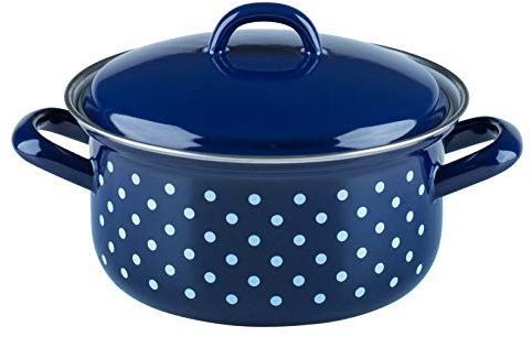 Riess, 0128-075 Cacerola con tapa, COUNTRY - DIRNDL, diámetro 16 cm, altura 12,3 cm, capacidad: 1,0 litros, esmalte, azul/blanco, inducción
