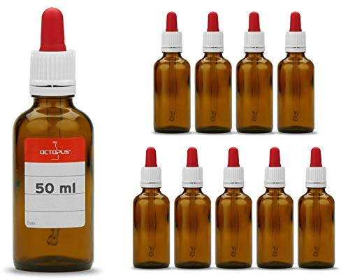 Octopus 10 Pipettenflaschen 50 ml aus Braunglas zum exakten Dosieren | Braunglas schützt lichtempfindliche Inhalte, Glaspipetten für Öle, Aromen, Tinten, Farben und kosmetische Mischungen