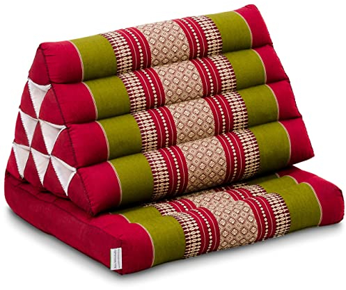 livasia Thai cushion with 1 seat rest - 30x20x3.1″ - Triangle cushion with seat cushion, Wedge cushion, kapok, Back support cushion, folding, Thai mat, folding, Hand made (Red/Green)
