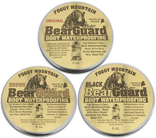 Foggy Mountain, a Maine Outdoor Solutions Brand Bear Guard Original, Black, and Brown - Boot and Leather Waterproofing - Beeswax and Bear Grease - 3 Pack