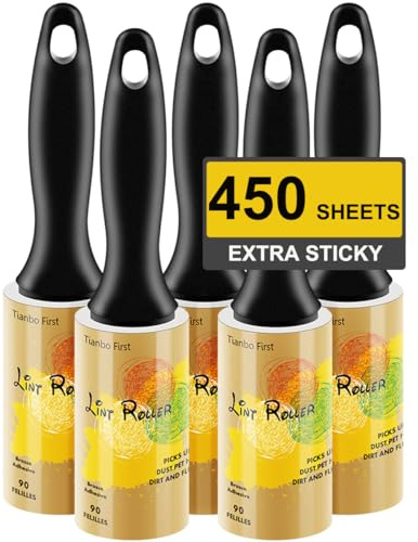 TIANBO FIRST Extra Sticky Lint Rollers for Pet Hair Small Pet Hair Rollers Dog Cat Fuzz Clean Removal Rolls Easy Tear Sticky Lint Roller Removers for Clothes Couch Furniture, 450 Sheets Total, 5 Packs
