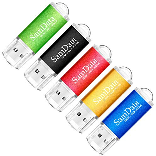 SunData - Memoria USB 2.0 de 16 GB (5 Unidades), Color Negro, Azul, Verde, Dorado y Rojo