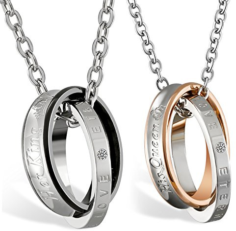 JewelryWe 2pcs Her King His Queen Stainless Steel Couple Interlocking Double Rings Necklaces Set, Two Chains
