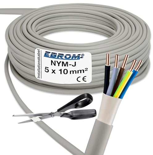 EBROM NYM-J 5x10 mm² Installationskabel Mantelleitung grau - Länge: 7 m | 1 m bis 80 m, Installationsleitung Feuchtraumkabel, für die feste Verlegung in trockenen + feuchten Räumen 5x10 mm2 300V/500V
