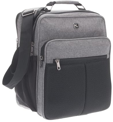 KEANU Flugbegleiter Umhängetasche :: 2 DIN A4 Fächer 2 Vordertaschen :: Arbeitstasche Herrentasche im Hochformat - breiter Ordner passt (Grau)