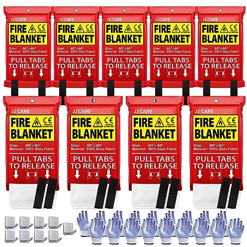 JJ CARE Fire Blanket – 9 Packs with Hooks and Gloves – 40” x 40” Fire Blankets Emergency for Home and Kitchen, High Heat Resistant and Flame Protection for Kitchen, Car, Office, Camping & Home Safety