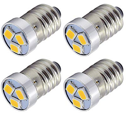 Ruiandsion 4pcs 3V E10 LED Flashlights Bulbs 2835 3SMD Warm White LED Replacement Bulbs Upgrade for Headlamps Torch Lights,Negative Earth