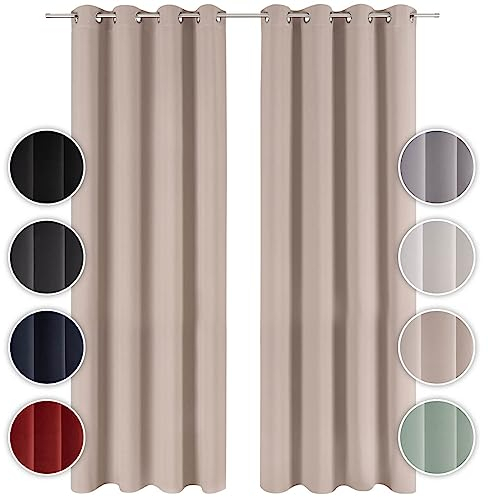 Blumtal Verdunklungsvorhänge 2er Set - Thermovorhang Hitzeschutz - Vorhang Blickdicht mit Ösen - Gardinenschals mit Schlaufen - Curtain - Gardinen 145x140cm - Schlaufenschal 2er Set - Vorhang Taupe