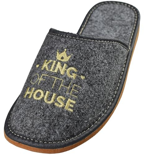 APREGGIO Pantoufles Homme Feutre – Chaussons Élégants et Confortables avec Broderie 'King of the House' - Gris Orange - 41 EU