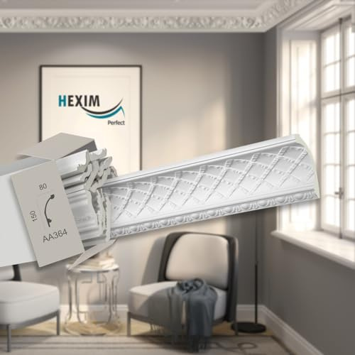 HEXIM Perfect 2 Meter Zierprofile - große Auswahl, (AA364-150x80mm) - Stuckleiste aus PU gemustert, weiß, stoßfest - Eckleiste Dekorleiste Stuckprofil Zierleiste