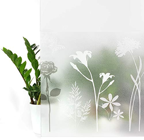 Fensterfolie statisch 45x240 cm | Sichtschutzfolie Fenster Milchglasfolie statisch haftend | Folie Fenster für Bad und Büro - Tageslicht genießen, Sichtschutz erhalten | Blumen