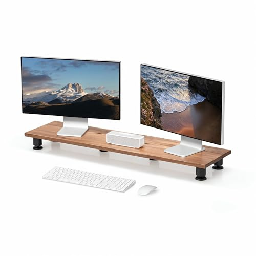 Nordik Large Dual Monitor Riser for 2 - 42.5 Inch Premium Handmade Hardwood Acacia Computer - Wood Shelf Desk Organizer Television - Laptop TV Stand with Storage Organizer for Desk Accessories (Brown)