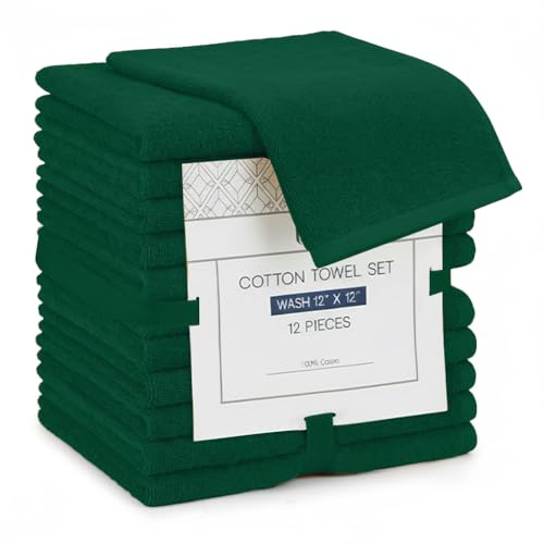 Linteum Textile Supply Premium 12x12 Washcloth (Hunter Green) – 100% Cotton Zero Twist Towels | Absorbent, Quick Dry, Durable for Bathroom, Spa, Gym (12 Pack)