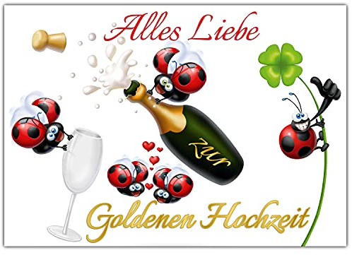 BREITENWERK A4 XXL Karte GOLDENE HOCHZEIT MARIENKÄFER mit Umschlag - edle & witzige Klappkarte zum 50 Hochzeitstag Goldhochzeit Glückwunschkarte