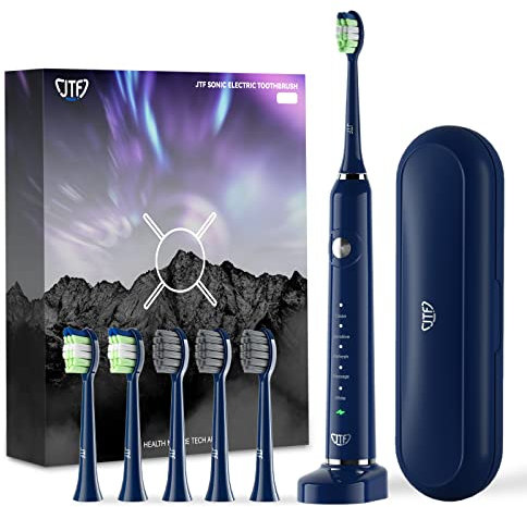 JTF Sonic Electric Toothbrush Adults, Portable Rechargeable Toothbrush with 6 Brush Heads 5 Modes,40000 VPM Deep Clean, 60 Day Battery & Timer, IPX7 Waterproof, Toothbrush Holder, Travel Case, Blue