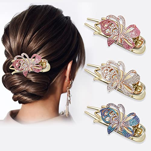 Haarklammer Gold Haarspangen Strass für Damen Mädchen Entenschnabel Blume Große Französische Schwalbenschwanz Pferdeschwanz Clip Acryl Glitzerndes Haar Dekorativ Blau Weiß Rosa 3 STÜCKE