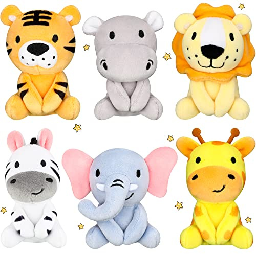 Aoriher 6 Pcs Mini Stuffed Forest Animal Bulk Jungle Plush Animal 4 Inch Plush Elephant Lion Tiger Giraffe Panda for Baby Shower Christmas Birthday Gift Stuffer Themed Party Decoration(Lovely)
