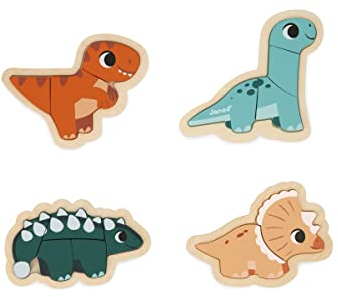 Janod - 4 Evolutive Dino-Puzzles aus FSC-Holz, 2-5 Teile - Spielzeug für Kinder - Pädagogische Spiele - Kleinkindspielzeug - Ab 18 Monaten, J05824