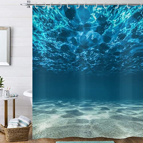 Hnmdmyi Rideau de Douche Bleu Océan 180x200, Scène Sous-Marine avec Vagues, Soleil Tropical et Mer Profonde - Tissu Polyester Lavable, Étanche avec Crochets