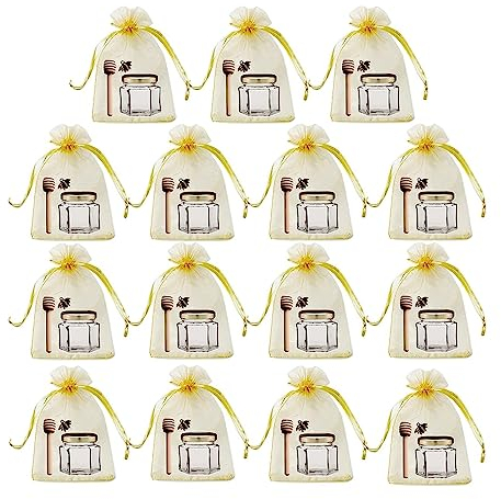 SSIMOO Mini Pots À Miel En Verre Avec Louches En Bois, Couvercles Dorés, Pendentifs Abeilles, Sacs Cadeaux Dorés En Jute, Parfaitement Compatibles Avec La Fête Prénatale, Les Faveurs De Mariage (Colo