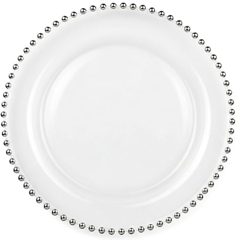 Piatto XL in vetro trasparente 33 cm con bordo argento (1), 12 piatti in vetro con perle extra grandi, piatto decorativo per matrimoni, battesimi, compleanni, Natale e feste, riutilizzabili