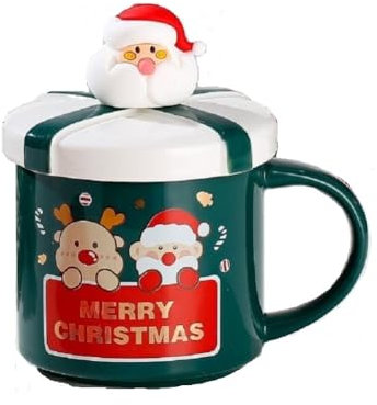 SuperglockT Weihnachtsbecher Weihnachtliche Kaffeetasse mit Deckel und Löffel 400ml Keramik Weihnachtstasse Porzellanbecher Weihnachtsmotiv Trinkbecher Bürotasse Geschenkidee (Cartoon Renntier-Muster)