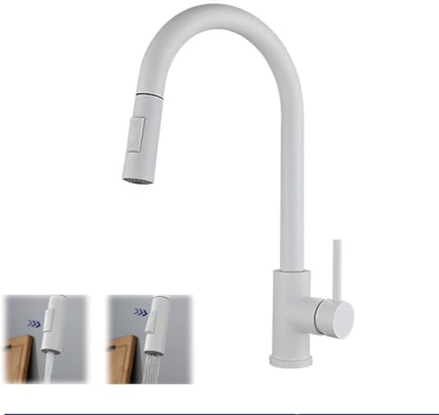 RADAAB Rubinetto Lavello Cucina Bianco, Miscelatore Cucina con Doccetta Estraibile per Lavelli da Cucina, Orientabile a 360° Monocomando，Acciaio Inox Ad Alta Pressione