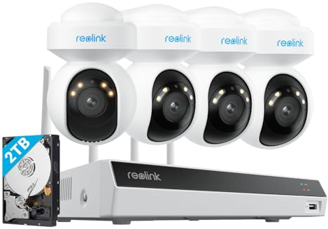 Reolink 4K Wi-Fi 6 PT Kit Cámara de Vigilancia, con 4 Cámara de Seguridad, Giro 355°, Tilt 50°, Seguimiento, Detección Inteligente, Visión Nocturna a Color, NVR Wi-Fi 12 Canales HDD 2TB, RLK12-800WPT4