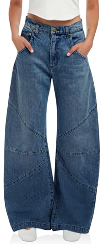 PLNOTME Womens Casual High Waisted Jeans Loose Boyfriend Wid Leg Barrel Denim Pants, Blue, 12