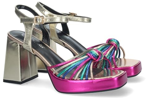 shoes&blues.es 81114-Sandalia de Tacon Ancho para Mujer, Comodo, con Estampado Multicolor, Pala con Tiras Enredadas, y Cierre de Hebilla. Talla 41 Surtido