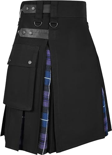 NORTH EDGE Men Hybrid Utility Kilts Traditional Highland Scottish Modern Hybrid Kilts - Men Scottish Black Cotton Kilt Adjustable Straps Skirts (Pride of Scotland Tartan, 34w)