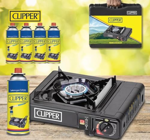 Genuine CLIPPER Brand Camping Stove + 4 Butane Gas | Premium Camping Stove Gas Portable for Outdoor Grill,Fishing, Camping & BBQ Gas Canisters for Camping Stove with Light Carry Case + 4 Butane Gas V1
