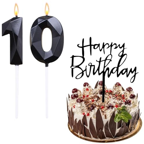 Bolosa Geburtstagskerzen Zahlen, Kerzen Geburtstag 10, Geburtstag Kerzen 10 und Happy Birthday Steckkarte für Kinder, Mädchen, Geburtstagsdeko, Geburtstag Party, Jubiläum (Schwarz)