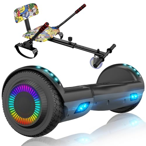 SISIGAD Hoverboard go kart attachment, Hoverboard with Seat Attachment Hoverkart, 6.5 inch with Bluetooth Speaker, LED Lights, Gift for Kid