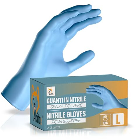 AKITAInk Guanti in Nitrile Blu senza polvere, senza lattice - Ipoallergenici, Resistenti, Ideali per Ambiti Medici e Alimentari per Estetisti, Tatuatori, Ambiti Medici, guanti per alimenti (100, L)