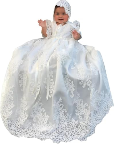 Long white lace christening dresses for baby girl 6Mos